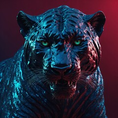 A fierce panther head with bold, metallic esports-style lettering, glowing subtly against the crimson-to-blue gradient.