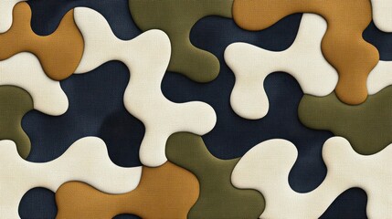 Abstract puzzle pattern of interlocking shapes in earthy tones creates a dynamic visual effect, mixing simplicity with complexity.