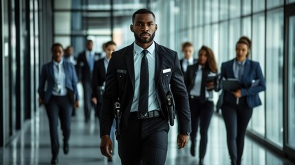 A professional security guard leading a diverse team of security personnel through a corporate office building, serious expressions.