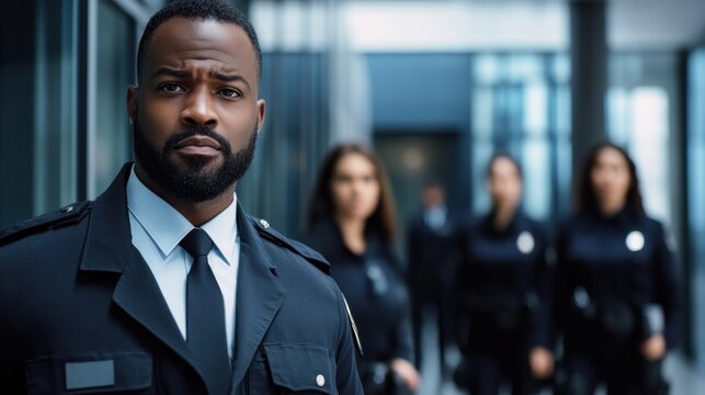 A professional security guard leading a diverse team of security personnel through a corporate office building, serious expressions.