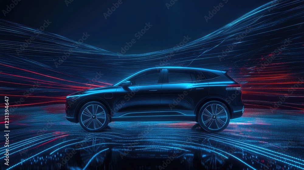 Poster a high-tech new energy vehicle positioned at the center of a dynamic, abstract background, highlight