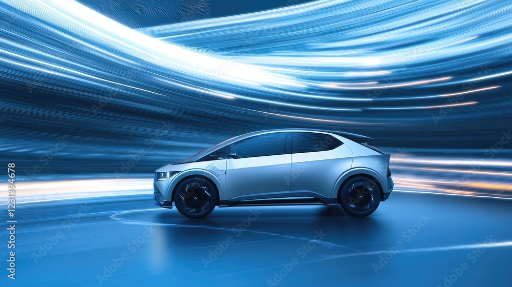 Poster a high-tech new energy vehicle positioned at the center of a dynamic, abstract background, highlight