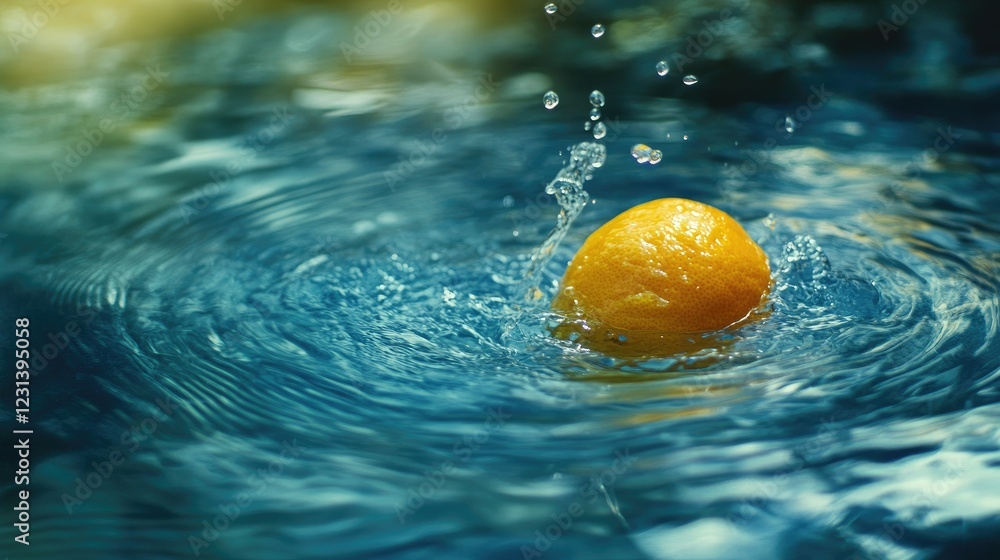 Poster a juicy lemon falling into water, causing a splash and ripples, with the water droplets frozen in ti