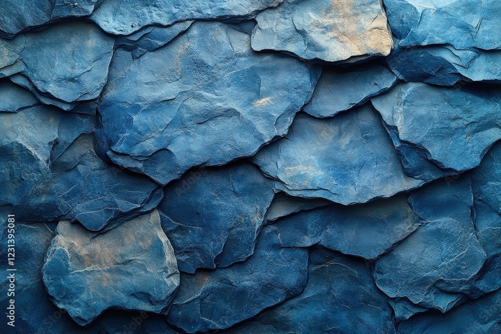Poster blue wall with assorted rocks in various shapes and sizes creating a natural texture background