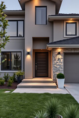 Modern Luxury Home Exterior at Dusk: Contemporary Architecture and Landscaping Design