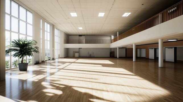 Spacious and sunlit, an elegant hall with wooden floors and large windows invites natural light, offering a versatile and open atmosphere.