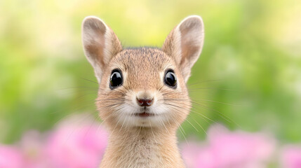 Obraz premium Cute baby desert rodent portrait, spring flowers background