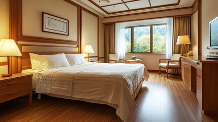 Luxurious hotel room, mountain view, hardwood floor, morning light