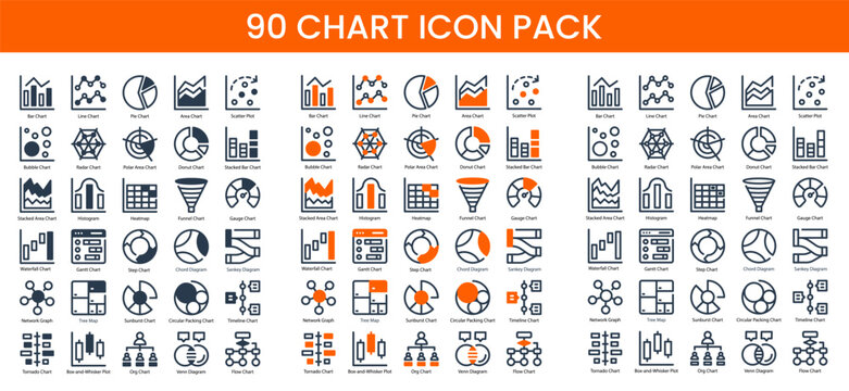 90 Chart Icons in 3 Styles (Line, Solid, Two-Tone), Featuring Org Chart, Area Chart, Bar Chart, and More &ndash; Vector Illustrations
