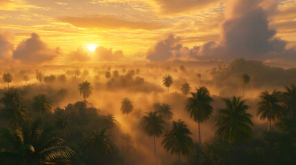 Serene rainforest sunrise with towering palm trees and warm morning light