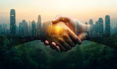 Handshake business with city and nature background esg concept