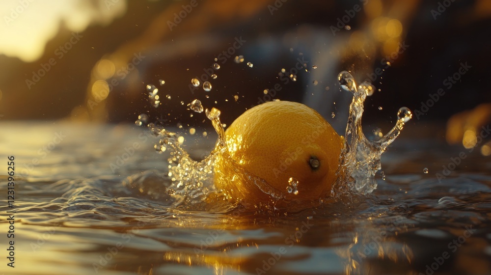 Aufkleber A lemon dropping into water, splashing as it hits the surface, creating a refreshing, energetic scene full of dynamic motion