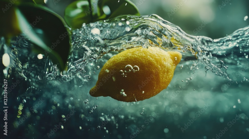 Poster A lemon dropping into water, splashing as it hits the surface, creating a refreshing, energetic scene full of dynamic motion