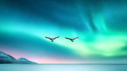 Obraz premium Two birds fly under aurora borealis over snowy landscape