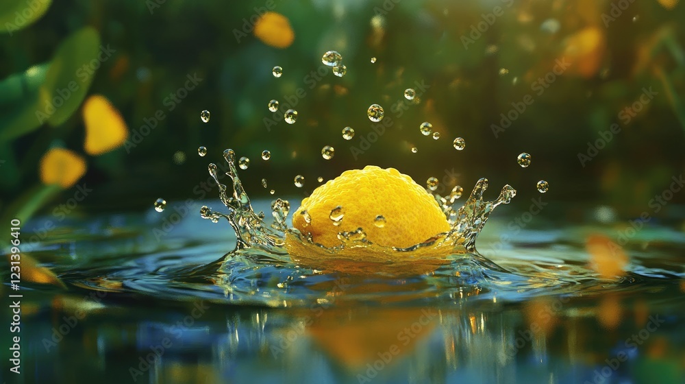 Poster A lemon falling into water with a splash, capturing the vibrant yellow color and water droplets in a generative AI-inspired artistic scene