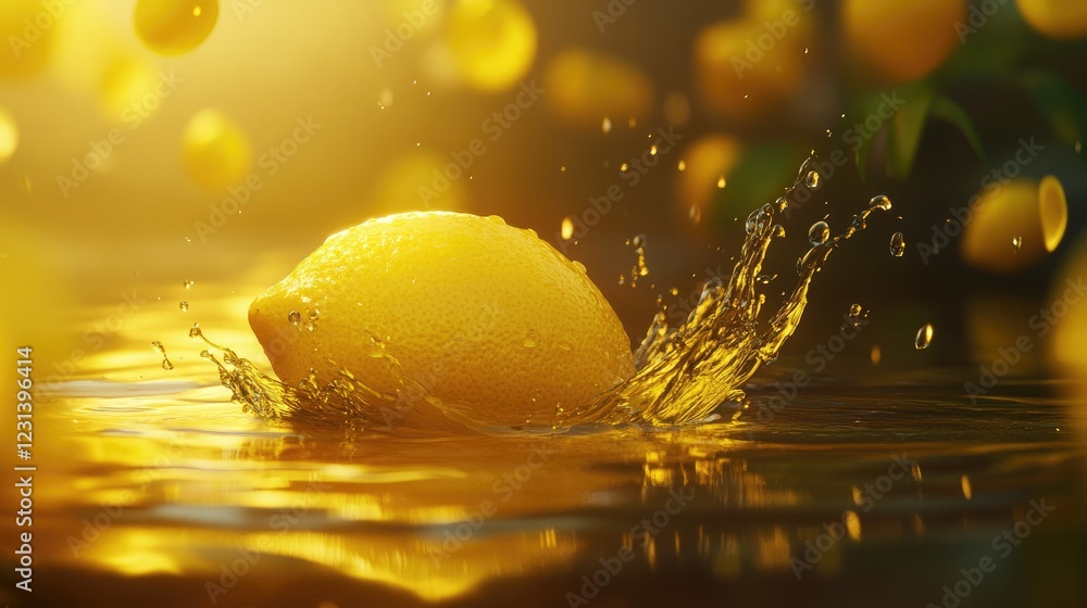 Poster a lemon falling into water with a splash, capturing the vibrant yellow color and water droplets in a