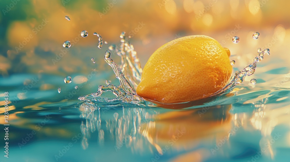 Poster a lemon falling into water with a splash, capturing the vibrant yellow color and water droplets in a