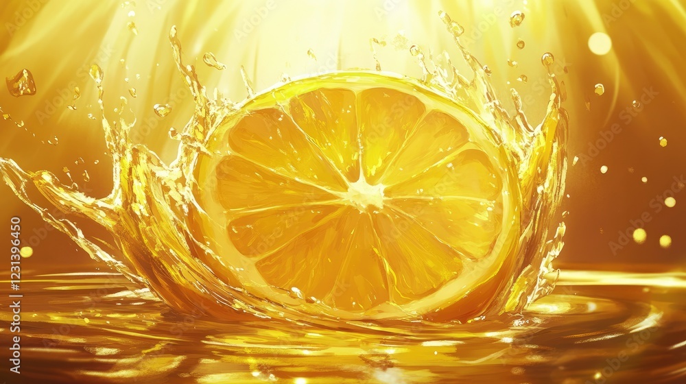 Poster a lemon hitting the water, splashing in all directions, creating a refreshing visual with vibrant ye