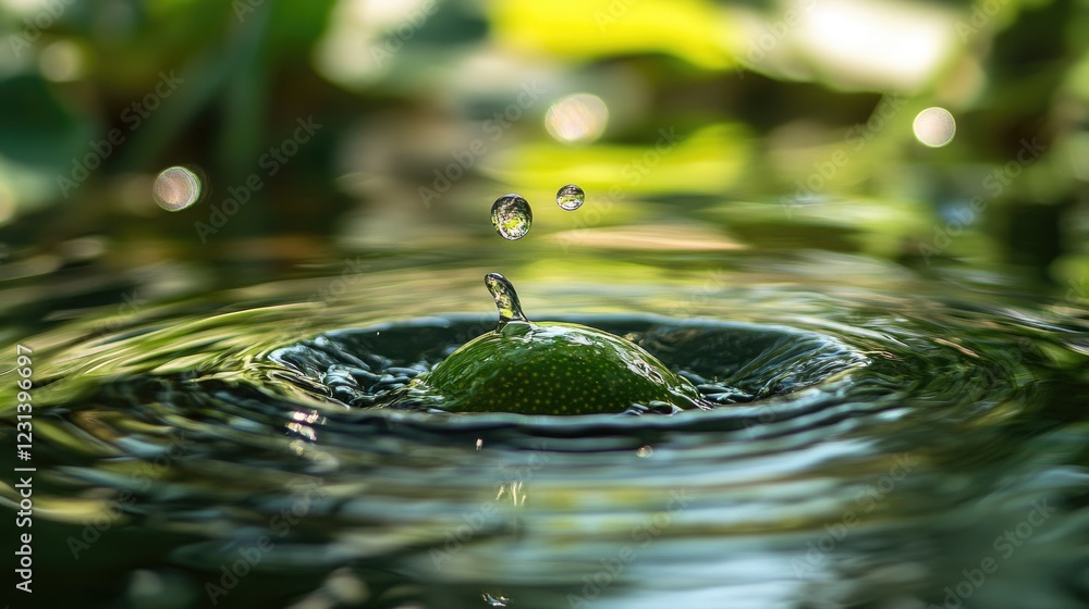Poster a lime dropping into water, causing a splash and ripples, frozen in time with vibrant green tones co