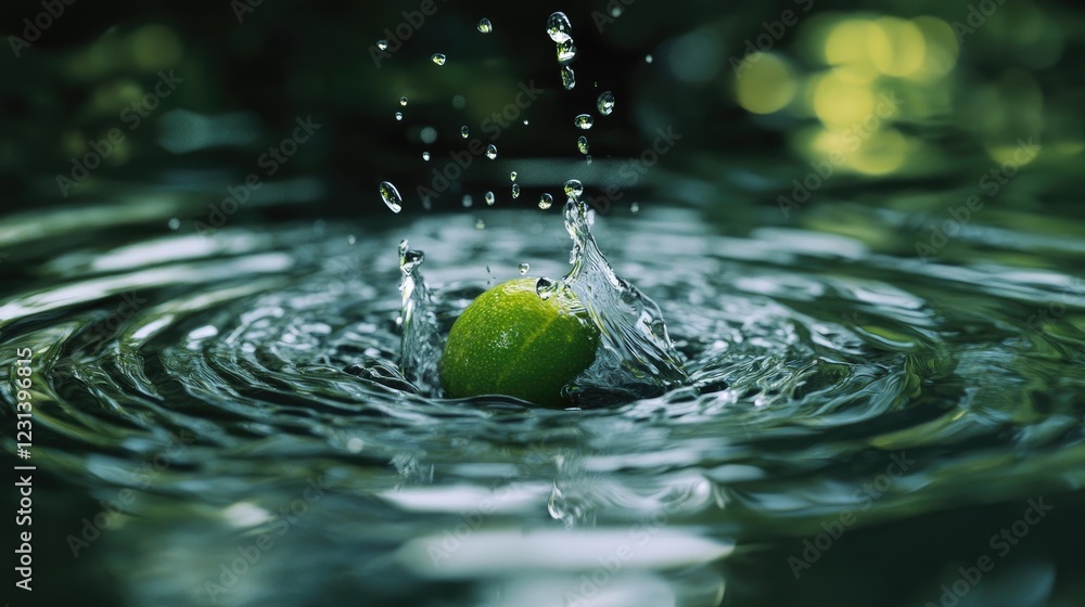 Poster a lime dropping into water, causing a splash and ripples, frozen in time with vibrant green tones co