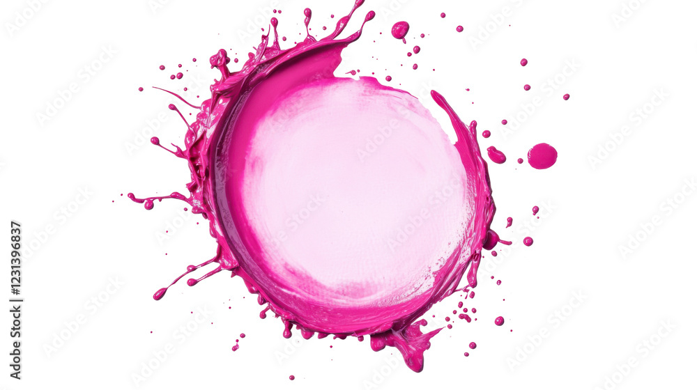 Poster pink paint splashing, creating a round frame on transparent background