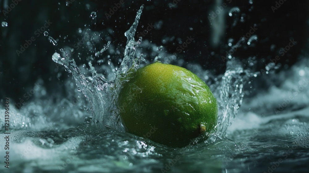 Poster a lime falling into water, creating a dynamic splash with water droplets scattering, capturing the f