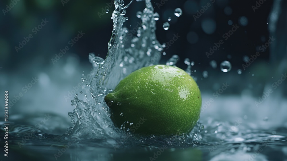 Poster a lime falling into water, creating a dynamic splash with water droplets scattering, capturing the f