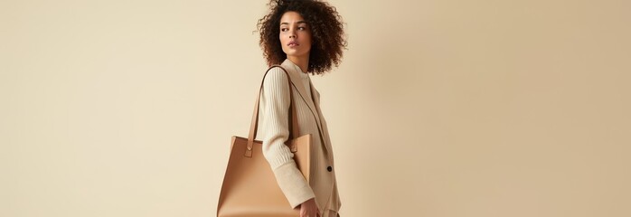 Young woman wearing soft beige clothing with tote bag in style of New-Age Minimalism or Quiet Luxury style