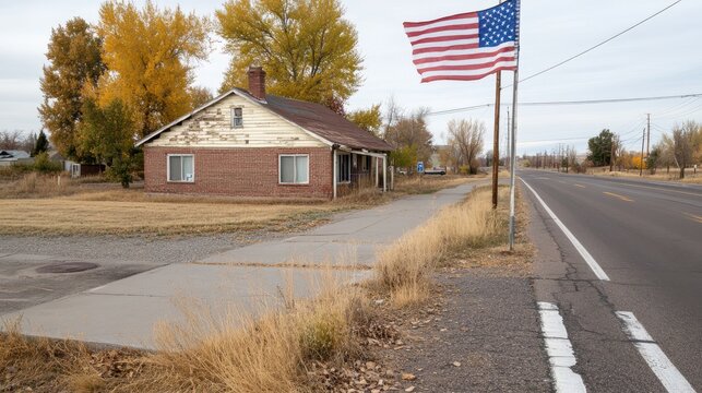 A small brick house stands beside a deserted highway under a cloudy sky, an American flag waving in the wind adds a touch of patriotism. - Powered by Adobe