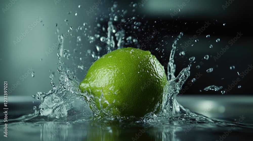 Poster A lime falling into water, making a splash with droplets flying, illustrating the refreshing and energizing effect of citrus in motion