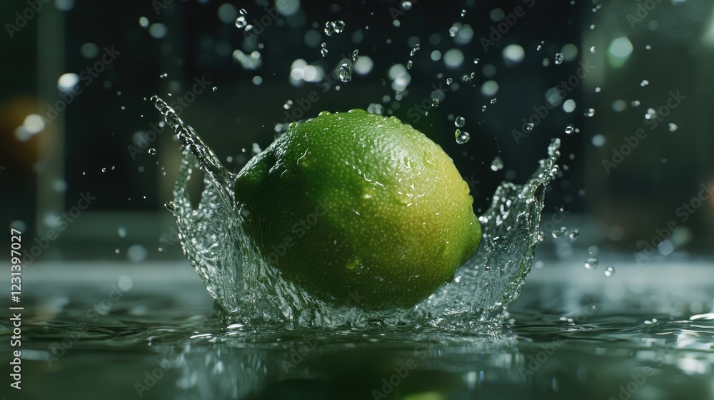 Aufkleber A lime falling into water, making a splash with droplets flying, illustrating the refreshing and energizing effect of citrus in motion