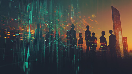 Professional business team working on a project together in the office Using innovation economic growth charts and network connections to accompany the data. in analyzing future trends