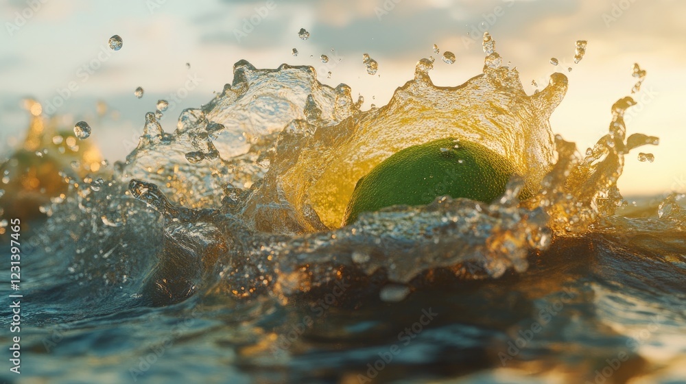 Aufkleber A lime splashing into water, surrounded by droplets and waves, creating a refreshing scene of citrus fruit meeting liquid, captured in generative AI style