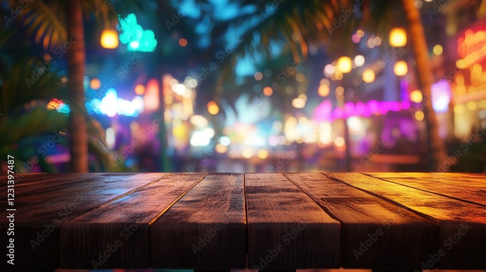 Poster A lively Miami bar setting with rainbow bokeh lights in the background, featuring an empty wooden table ideal for product display or promotional content