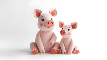 Fototapeta premium Cartoon pet animal family. Mothers ,father and kids. Domestic parents and children.Animal family 3d illustration.Paper cut style.Origami style.Pig family.