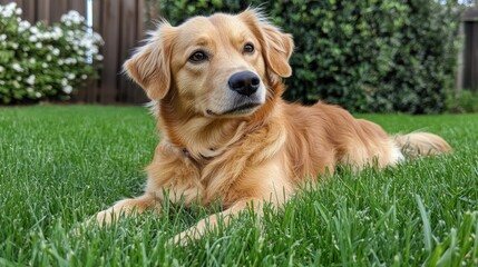 Golden Retriever relaxing backyard garden