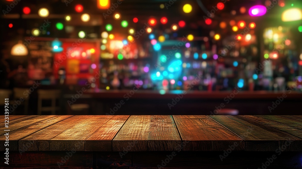 Poster A lively Miami bar setting with rainbow bokeh lights in the background, featuring an empty wooden table ideal for product display or promotional content