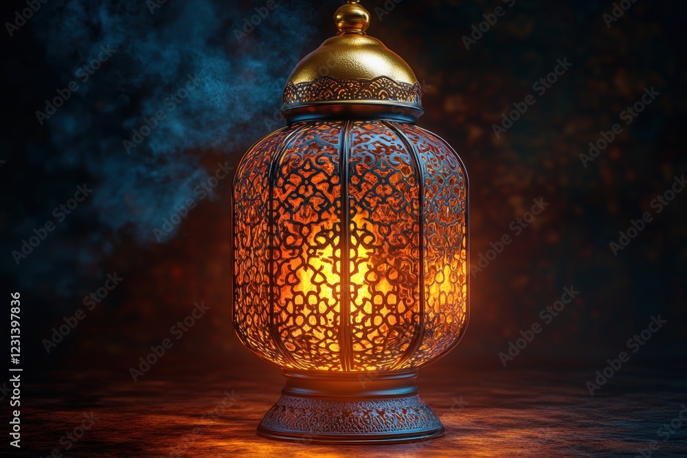 Poster lit candle with intricate pattern design on a dark background creating a warm ambiance