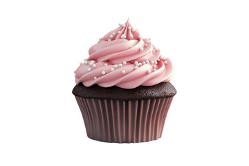chocolate cupcake with pink frosting swirl isolated on transparent background Generative Ai.