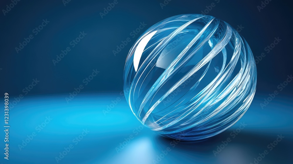 Poster A mesmerizing abstract concept with a geometric blue sphere sliced into thin layers, creating a dynamic, 3D look against a deep blue backdrop