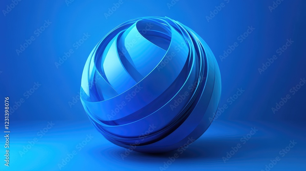 Poster A mesmerizing abstract concept with a geometric blue sphere sliced into thin layers, creating a dynamic, 3D look against a deep blue backdrop