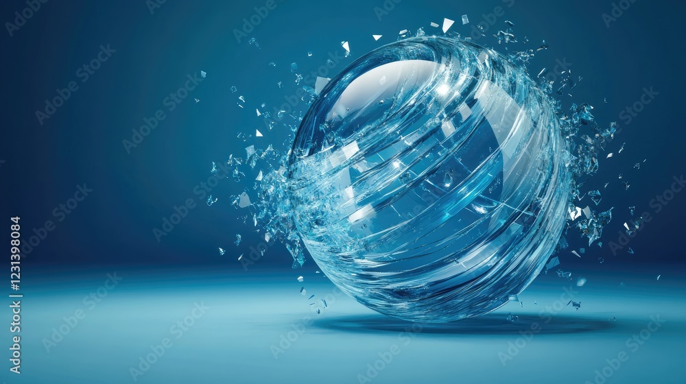 Poster A mesmerizing abstract concept with a geometric blue sphere sliced into thin layers, creating a dynamic, 3D look against a deep blue backdrop