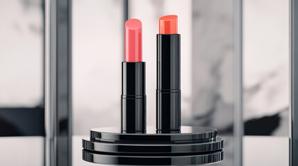 Two lipsticks in coral and light pink shades sit on a sleek black display. Perfect for a beauty or makeup advertisement.