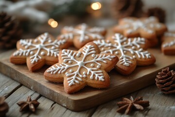 Delicious gingerbread cookies with white snowflake icing and festive decorations on rustic wooden background with cinnamon sticks star anise for cozy holiday celebration