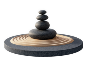 Zen sand garden featuring stacked stones and circular patterns, promoting tranquility and meditation. This decorative piece is perfect for creating calming atmosphere