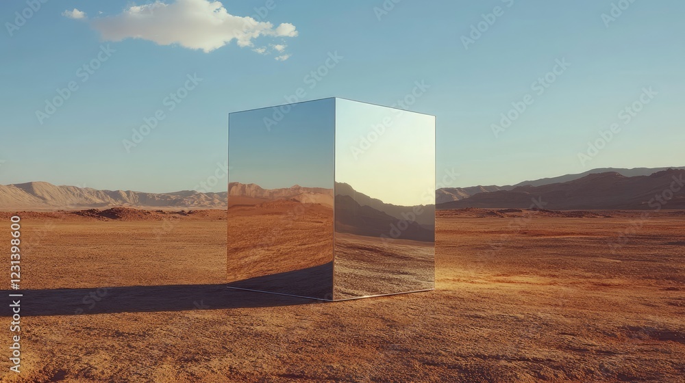 Poster a metallic cube in the middle of a barren desert landscape, creating an intriguing and surreal contr