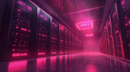 High-tech server room with glowing cables data center digital art futuristic environment low angle view cybernetic concept for modern infrastructure