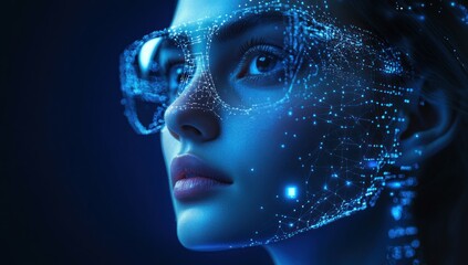 Woman wearing futuristic glasses, digital data overlay.