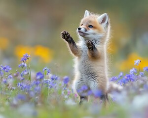 Adorable red fox kit standing on hind legs in a vibrant wildflower meadow.