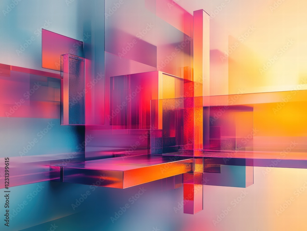 Poster a 3d abstract art piece with geometric shapes and vibrant color gradients, creating a dynamic, futur